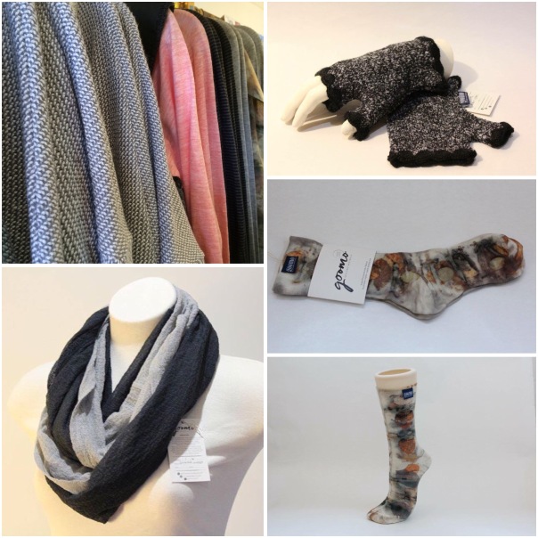 Clockwise from top left:  Winter jackets and tops, black and white spec mittens, merino hand dyed socks, wool gauze snoods